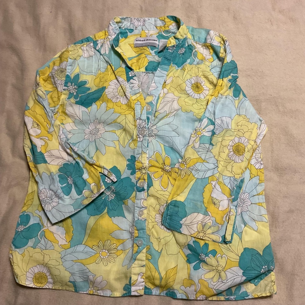 Alfred Dunner Shirt Womens 10P Multicolor Floral Button Front Short Sleeve Top